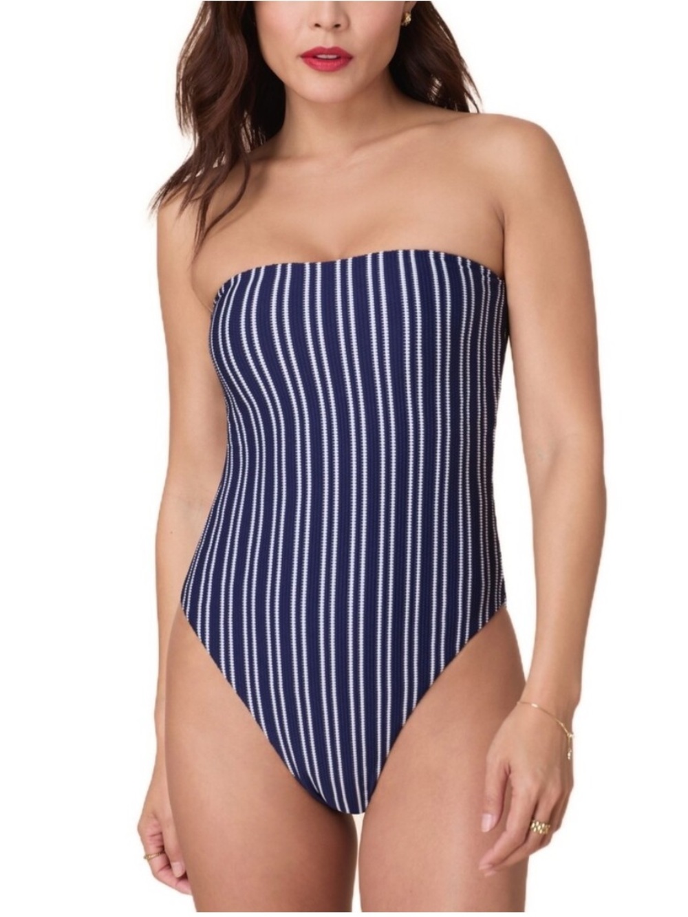 Andie Navy and White Striped Strapless One-Piece Swimsuit
